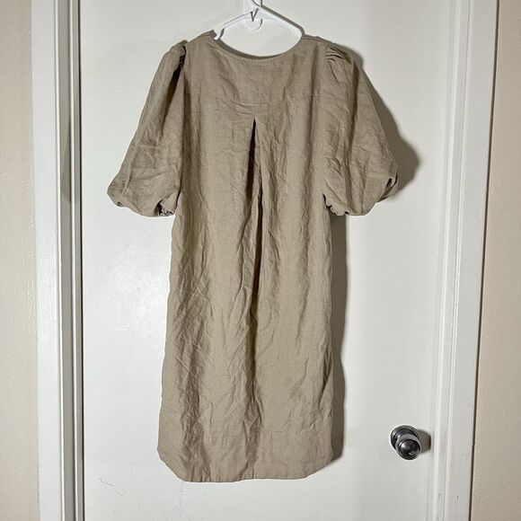 CYNTHIA ROWLEY Women’s Sand Linen Blend Puff Sleeve V-Neck Midi Dress size S - Picture 3 of 10
